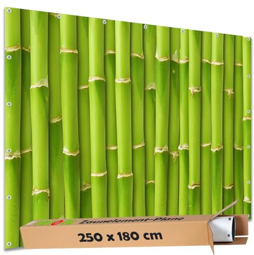 TRIOSK Sichtschutz Garten Dekoration Plane groß mit Motiv Bambus Stäbe Zaun Optik Motivbanner Blickdicht für Doppelstabmatten Zaunelement Gartenzaun Zaunblende PVC 250x180 cm Grün