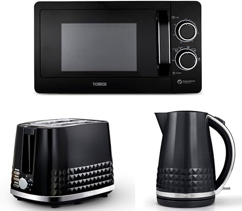 Tower Solitaire Black 1.5L 3KW Jug Kettle, 2 Slice Toaster & T24042BLK 800W 20 Litre Manual Microwave. Matching Modern Design Kettle, Toaster & Microwave Set in Black