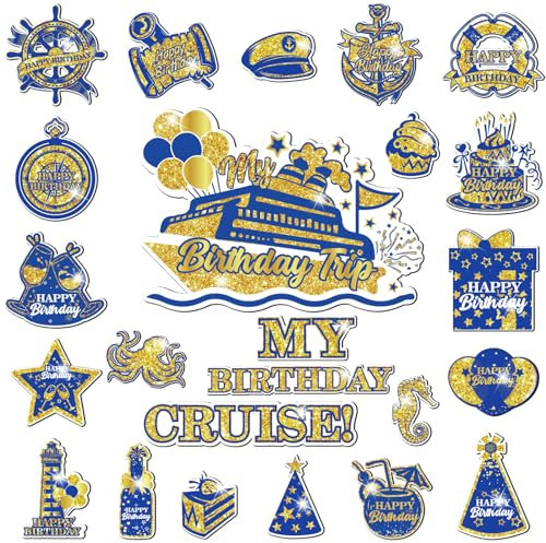 My Birthday Cruise Door Magnets Decorations, Blue Gold Happy Birthday Cruise Ship Door Decor Magnetic for Men Women Boys Girls Birthday Carnival Party Supplies Door Refrigerator Fridge Car Kitchen