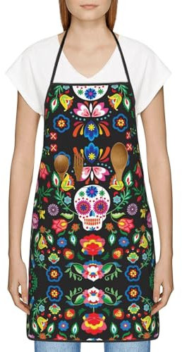 ATOurDealss Delantal con estampado de ilusión óptica en espiral con 2 bolsillos, unisex, ajustable, para el hogar, cocina, restaurante, cafetería, Calavera de terror de azúcar A, Talla única