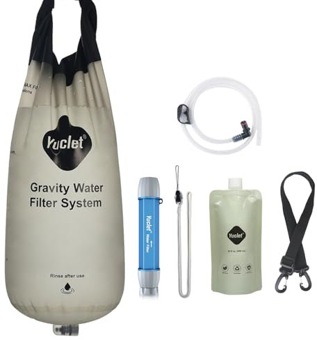 Yuclet Schwerkraft-Wasserfiltersystem mit 2 Liter Wasserbeutel und 0,1 Mikron Wasserfilter-Strohhalm, Schwerkraft-Wasserreiniger, Überlebensausrüstung für Camping, Reisen, Rucksackreisen, Wandern und