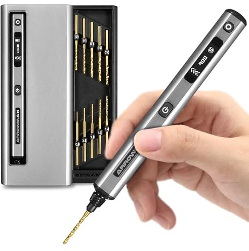 AM ARROWMAX Elektrischer Mini-Bohrstift, 4-Gang, 10 kleine Bohrer mit Aluminiumbox, OLED-Display, LED-Leuchten, Harzbohrer-Set für Schmuckherstellung, Kunststoff, Holz (SDS)