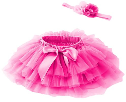 Beganly Gonna morbida con volant in tulle con fodera per pannolini, principesse, feste, tutù, set con fascia floreale, rosso rose, 0-6 Mesi