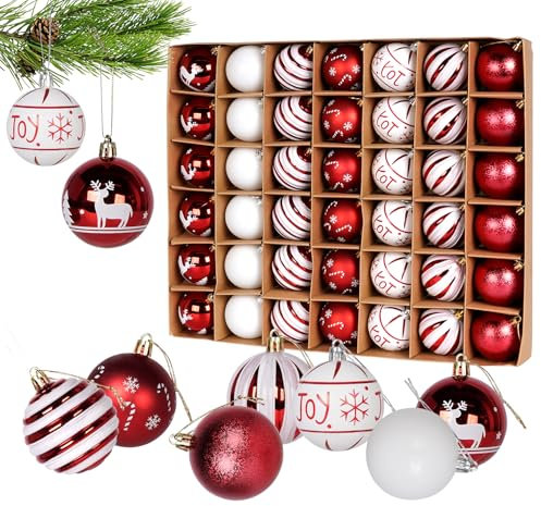Weihnachtskugeln Rot Weiß, 42 Stück 6CM Kunststoff Christbaumkugeln Weihnachtsdeko mit Aufhängeschlaufe für Weihnachten und Party Dekoration