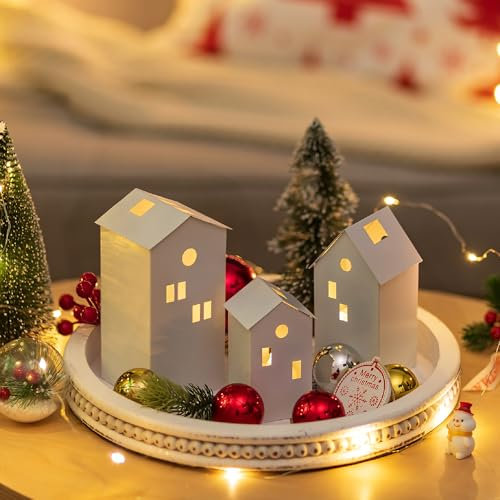 Sziqiqi Weihnachtshäuser Weihnachtsdeko Weihnachten Haus: Lichthaus Weiss Metall Set of 3 - Weihnachtsdorf Weiß - Weihnachtshaus Modern Mini Häuser Deko für Tischdeko Wohnzimmer Fensterbank