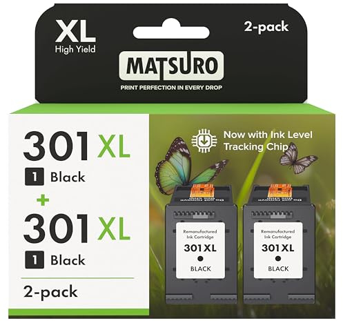 Matsuro 301 XL Schwarz Druckerpatronen Ersatz für HP 301 XL mit Chip Kompatibel für HP Envy 4500 5530 5532 4502 4507 DeskJet 2540 2050 1050 OfficeJet 2620 2622 4630 46320 (2X Schwarz XL)