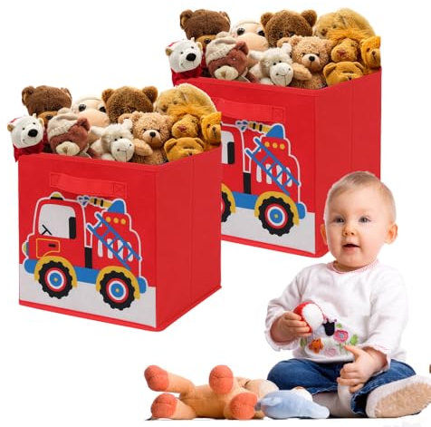 Rainbow Tree Foldable Cube Storage Box Set of 2, Kids Playroom & Nursery Storage Bin, Bedroom Toy Organiser (2 Red Fire Trucks)