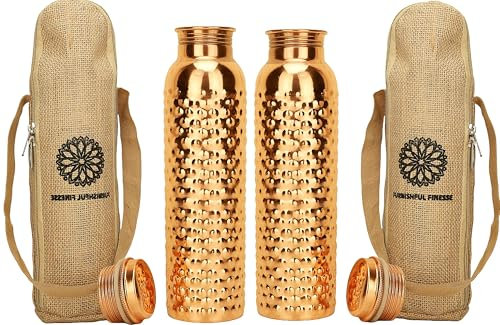34 Oz Pure Copper Water Bottle 1000 ml Ayurvedic Benefits Copper Bottle With Bag For Drinking Water Leak Proof Large Copper Flask Set of 2 Copper Water Vessel For Travel Gym, Yoga, Office - Pack Of 2