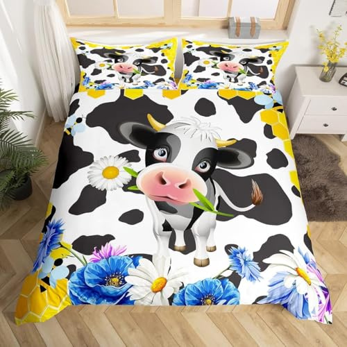 Homemissing Bettwäsche-Set für Einzelbett, süßes Milchkuh, schwarz-weißes Kuhmuster, Bettwäsche-Set, Teenager-Dekoration, blaue Blume, Bettbezug, Cartoon-Waben
