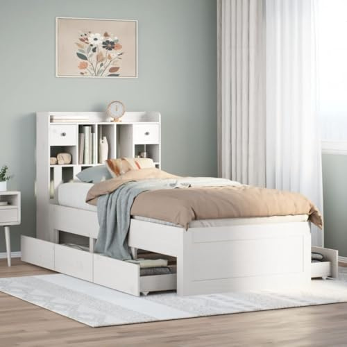 vidaXL White Pinewood Bookcase Bed Frame with Storage Headboard Without Mattress Base 90x200 cm - Perfect for Maximizing Small Bedroom Space