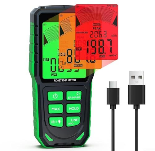 1 x elektromagnetischer Strahlungsdetektor, EMF-Messgerät EF/RF-Strahlung für 5G/WIFI wiederaufladbarer EMF-Leser mit dreifarbigem Display