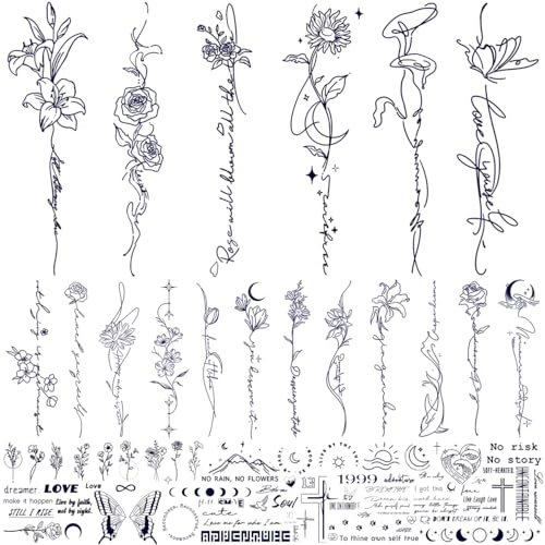 CHARLENT Semi-permanente Blumen Wort Temporäre Tattoos Erwachsene | 2 Wochen haltbare Fake Tattoos mit Blumen und Schrift, wasserfeste Body Art für Frauen und Männer an Hand, Hals und Körper