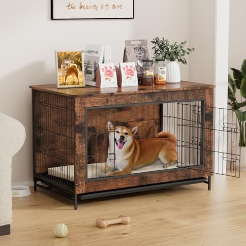 VOWNER Hundekäfig Möbel, 97 x 61 x 66 cm Hundebox für zuhause, Moderne Hundehütte Indoor für kleine/mittelgroße Hunde, 3 Türen Design, für Wohnzimmer und Schlafzimmer, Vintage Braun