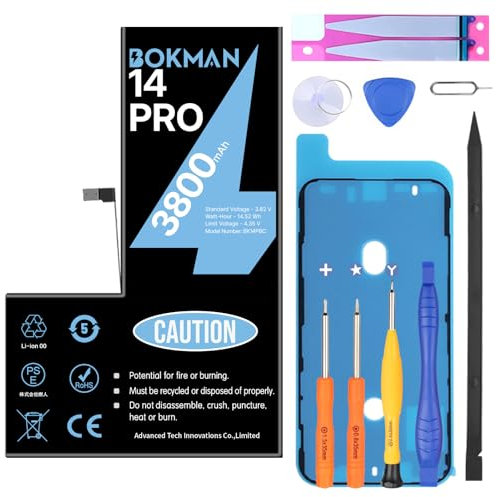 bokman Akkus für iPhone 14 Pro, Hohe Kapazität 3800 mAh Lithium-Polymer-Akku mit Allen Werkzeugsets