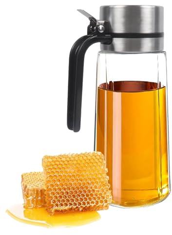 ZoeQide Dispensador Miel 650 ml Vidrio, Vertedor Inox con Tapa para Mesa | Dosificador de miel para sirope, cafe y pancakes, recipiente visible con pico practico para desayuno, mesa o rincon de cafe