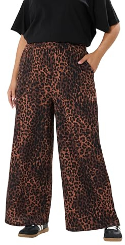 Yours Curve Leopard Print Crinkle Wide Leg Trousers - Women's - Plus Size Curve Brown