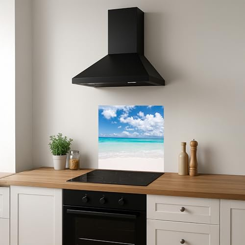 Dedeco Küchenrückwand mit Motiv: Strand V3, 50x50cm, Spritzschutz für Küchen aus 3mm-Aluminium mit UV-Lack glänzend – fugenlos, hitzebeständig, leicht zu reinigen, wasserfest, Made in Germany