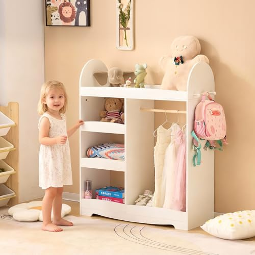 LALAHO kinderkleiderschrank,kleiderschrank kinderzimmer,kleiderschrank | kindergarderobe mit ablage,mit 3 Haken,mit 5 offener Ablagen, Kinder Kleiderständer für Kinderzimmer(Weiß)