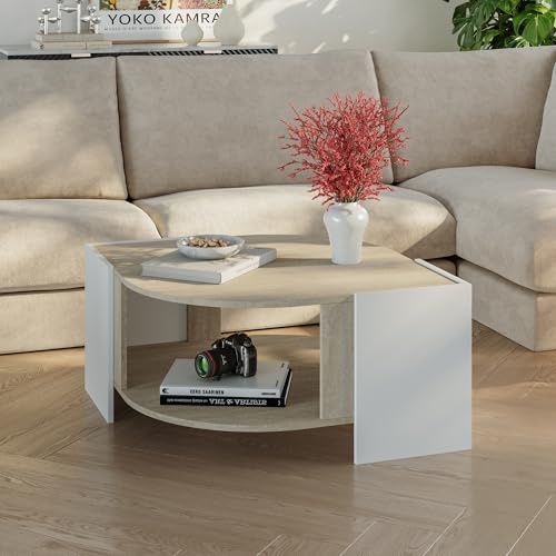 [en.casa] Couchtisch Klipsari Wohnzimmertisch 75 x 75 x 40 cm Sofatisch mit Stauraum Beistelltisch Kaffeetisch Weiß/Travertin