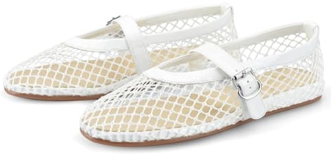 Barley Direct Mesh Ballet Flats for Women Fishnet Ballerina Flats Buckle Strap Mesh Ballet Shoes Wide Width Casual Summer Dress Flat Shoes(White,6K-40)