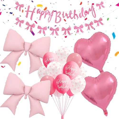 Luftballons Set Geburtstag - Geburtstag Ziehen Flagge, Latex-Ballon, Aluminiumfolie-Ballon, Ballons mit Rosa Schleifen Design, Heliumtauglich für Babyparty, Hochzeit, Mädchen Deko