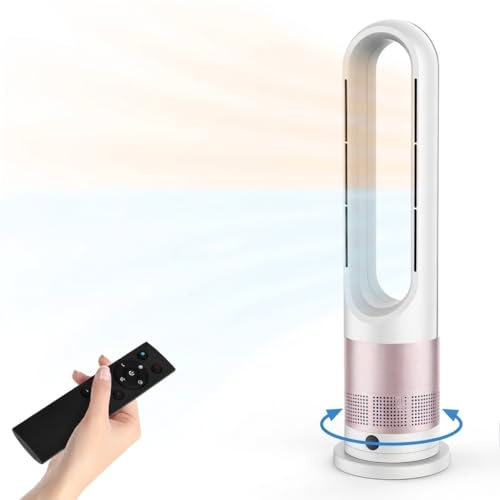 Turmventilator, Rotorlos Ventilator mit Kühlung und Heizen, Luftkühler sehr Leise, 8 Stufen Tower-Ventilator 9H Timer, LED-Anzeige, Standventilator mit Fernbedienung, 80° Oszillation Büro (Rosa)