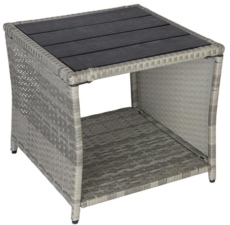 Relaxdays Balkontisch, HxBxT: 40 x 45 x 45 cm, wetterfest, Polyrattan, WPC, Stahl, eckiger Garten Beistelltisch, grau