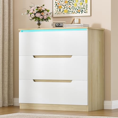 Hzuaneri Kommode mit LED-Beleuchtung, 3 Schubladen, 40x70x80cm, Eiche-Weiß | Kommode mit Schubladen, Spind mit Beleuchtung, Moderner Stil, Geeignet für Wohnzimmer und Schlafzimmer DC01331XEU