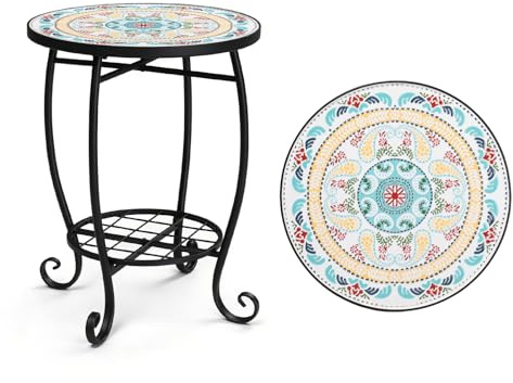 Bonnlo Mosaic Garden Table, Small Outdoor Table with 35cm Ceramic Top, Round Plant Stand for Garden/Balcony, Moroccan Mint