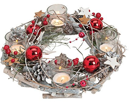 Teelichthalter Adventskranz aus Holz/Kunststoff Kugeln aus Glas, B8 x T29 cm