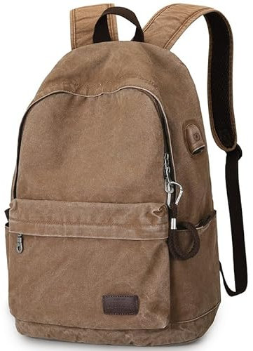 Muzee Canvas Backpack with USB Charging Port for Men Women, Lightweight Anti-Theft Travel Daypack College Student Rucksack Backpack Fits up to 15.6 inch Laptop Backpack,Khaki