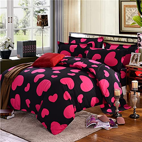 FANSU Fuchsie Bettwäsche 200x200 Mädchen Schwarze Herzen Muster Bettwäsche Set- Superweiches Mikrofaser 3 Teilig Bettbezug mit Reißverschluss+ 2 Kissenbezug 50x75cm