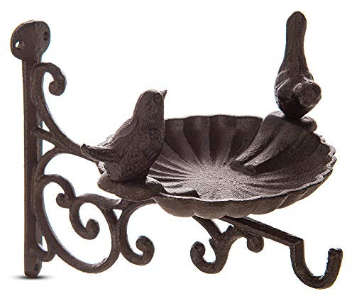 Petlicity Wall Mounted Cast Iron Bird Bath with Ornate Contemporary Sculptural Detailing and Wall Bracket Outdoor Decor