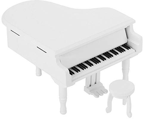 BuyWeek Piano Music Box, White Wooden Beautifully Piano Model Musical Box Jewelry Storage Box with Stool for Home Decoration