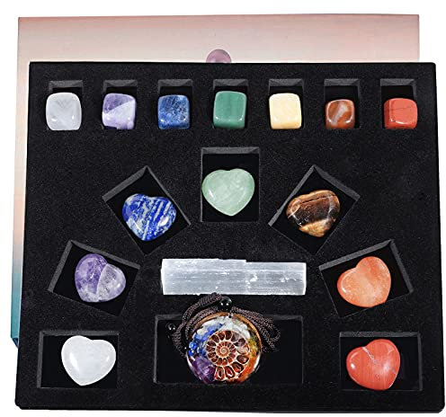 KYEYGWO Reiki Heilung Kristall Set für Anfänger, 7 Chakren Edelstein Herz Figuren, Poliert Trommelsteine, Gips Sechseckiger Zauberstab Stein, Runde Schnecke Ammonit Fossilen Anhänger Halskette