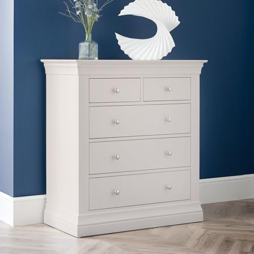 Julian Bowen Clermont Chest of Drawers, 5 Drawer, Light Grey - H101 x W90cm | French Inspired Drawer Storage Organiser, 5 Drawers, No Assembly Needed, Dresser for Bedroom, Living Room & Hallway