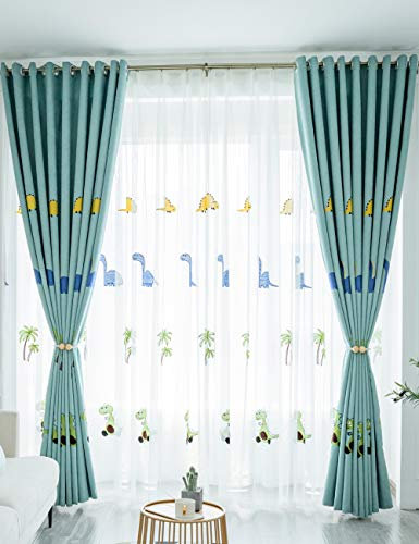 Lactraum Gardine Kinderzimmer Babyzimmer Bestickt Dinosaurier Kokosnussbaum Voile mit Kräuselband 300 x 245 cm (BxH)
