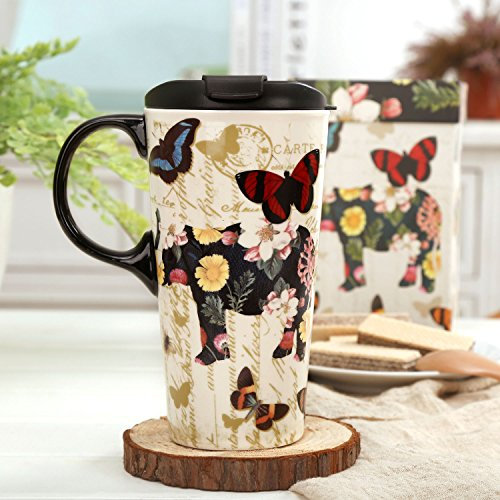 DUSVALLY Ceramic Mug Coffee Mug Tall Ceramic Travel Mug with Lid and Gift Box 17oz.Beautiful Butterfly