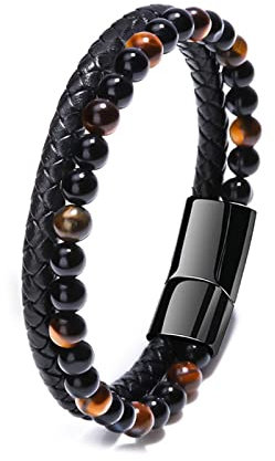 Bracelet Homme, Homme Cuir Véritable Bracelet,En Perles De Pierres Naturelles 6mm Et Cuir Véritable De Haute Qualité Avec Fermoir Magnétique Amovible En Acier Inoxydable