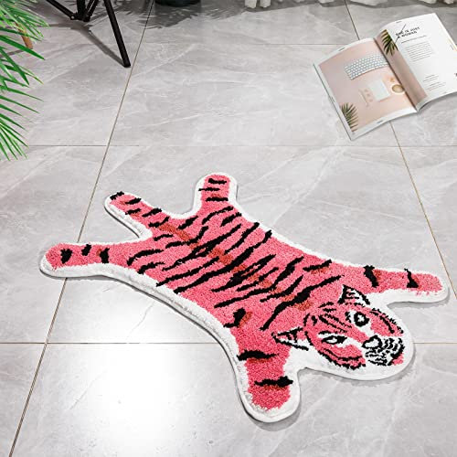 Badematte mit niedlichem Tiger, rutschfest, rosa Tiere, Badezimmerteppich, Fußmatte, saugfähiger Badewannenteppich, Spielmatte, Badezimmer, Duschvorleger, 85,1 x 54,9 cm