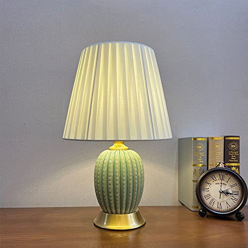 Mengjay Nachttischlampe Keramik Tischlampe,E27 Tischleuchte Moderne,mit Weißem Lampenschirm aus Stoff,Keramik im Cream,für Wohnzimmer Schlafzimmer Büro Hotel (Green)