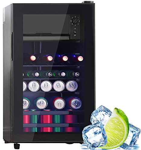 mini frigo réfrigérateur 76L, 6L+70L pour la glace, contient 51 canettes de limonade, eau, bière ou vin, fonctionnement silencieux, avec porte vitrée et éclairage intérieur, étagères réglables