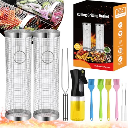 YMXHK Grill Basket, 2 PCS, Stainless Steel, Round, 3.54 x 3.54 x 11.8 inch, BBQ Grill Basket, Rolling Grilling Basket, Vegetables, Fries