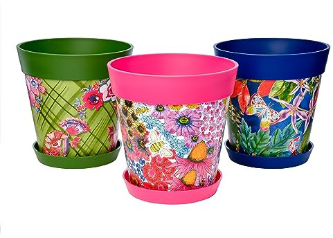 Hum Flowerpots set of 3 plastic, indoor/outdoor plant pots 22cm without drainage holes, and 3 saucers (Multicolour Floral)