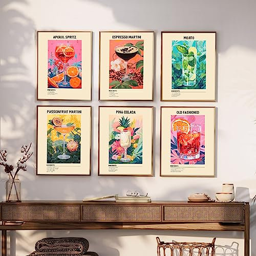 Retro Cocktail Posters Cocktail Bar Wall Art Colorful Wine Glass Art Print Aesthetic Preppy Paintings Cocktail Drink Print Alcohol Wall Art Bar Drinks Wall Decor for Bar Dorm Kitchen 8x10in Unframed