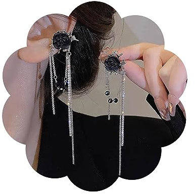 Inateannal Punk Negro Rosa Pendiente De La Flor Larga Cadena De Diamantes De Imitación Pendientes De Plata Cz Borla De La Cadena Pendientes De La Flor De Rosa Negro Pendiente De La Joyería Para Las
