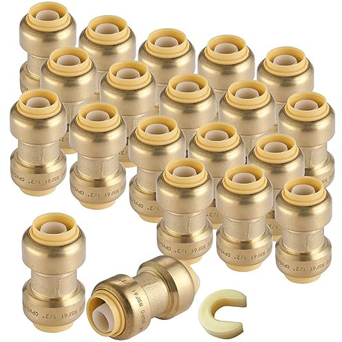 GUOFIS 20 Stück 1/2 Zoll Pushfit Gerade Kupplung, PEX Messing Steckkupplung mit Trennclip, Push-to-Connect Sanitärarmaturen für PEX, Kupfer, CPVC