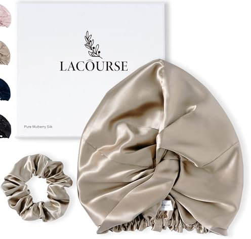 LaCourse Cuffia in 100% vera seta da 22 momme per dormire, fascia per capelli a doppio strato in seta di gelso con elastico di alta qualità (taglia unica, caramello)