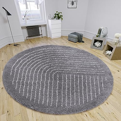 Hanse Home Dion Hochflor Teppich Rund – Runder Wohnzimmerteppich, Langflor Shaggy Streifen Muster, Flauschig Weich für Wohnzimmer, Schlafzimmer, Jugendzimmer – Dunkelgrau, 120cm
