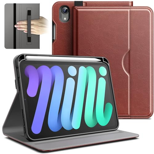 JETech Funda para iPad Mini (A17 Pro, 2024 Modelo, 7.ª Generación) / Mini 6 (2021 Modelo, 6.ª Generación), PU Cuero Folio Protectora Tableta Cover Carcasa con Portalápiz & Bolsillo (Marrón)